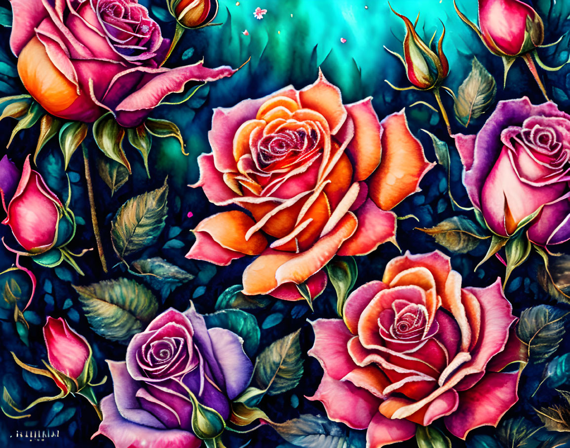 Colorful Roses Illustration on Teal Background with Mystical Ambiance