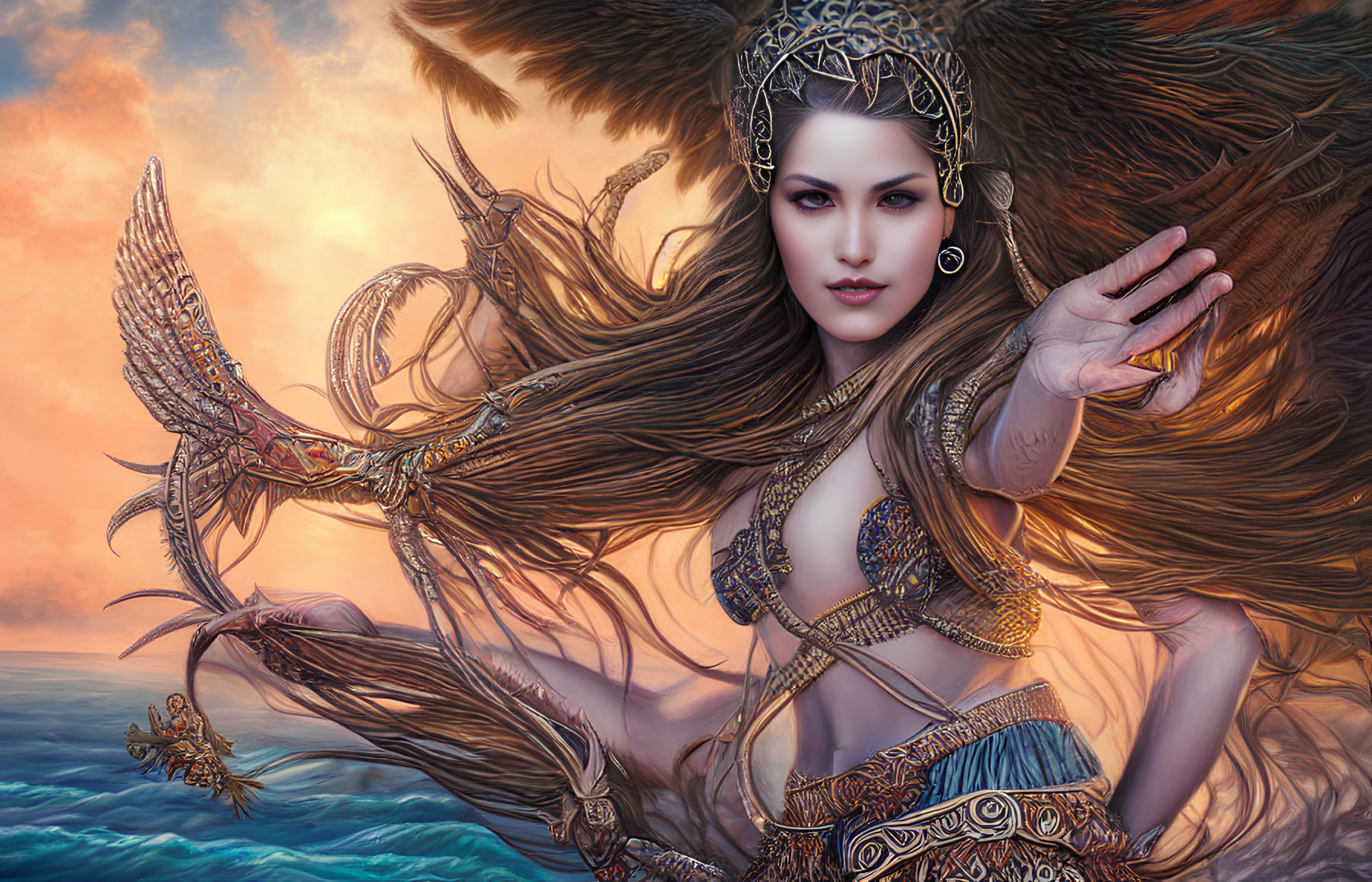 Fantasy artwork: Female warrior with feathered headgear and ornate armor against dramatic sky and ocean