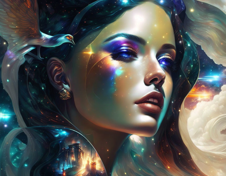 Digital fantasy art of woman with cosmic makeup and bird in vibrant nebula setting