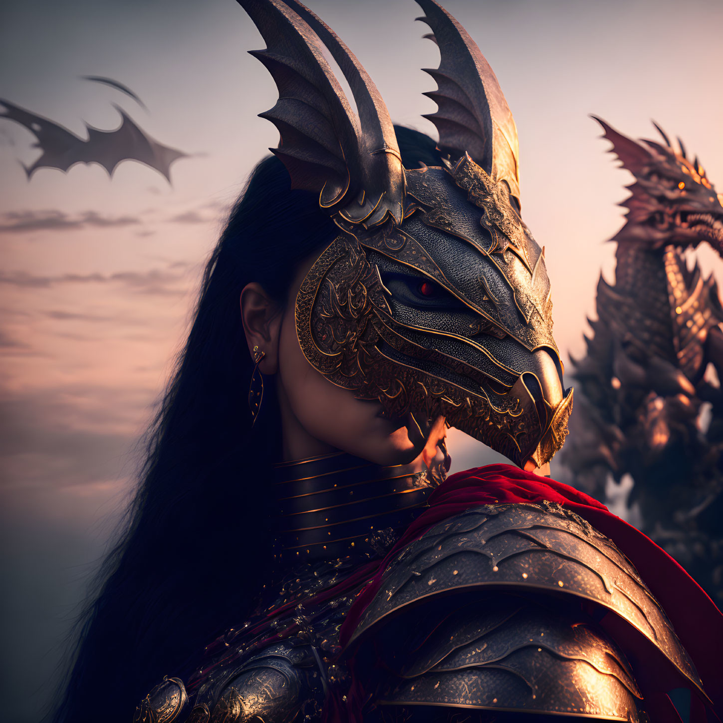 Fantasy woman in dragon armor with dragon in twilight setting