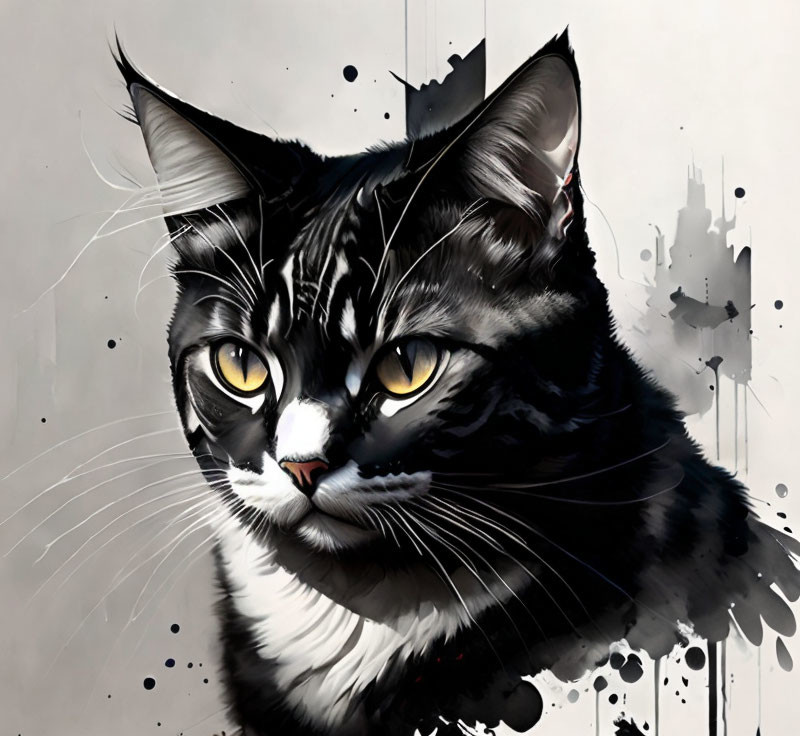 Realistic black and white cat painting with yellow eyes and paint splatters