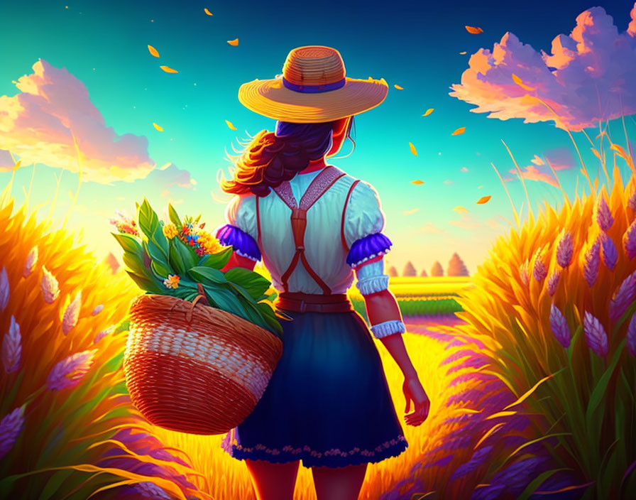 Woman in Straw Hat Carries Flower Basket in Golden Wheat Field at Sunset