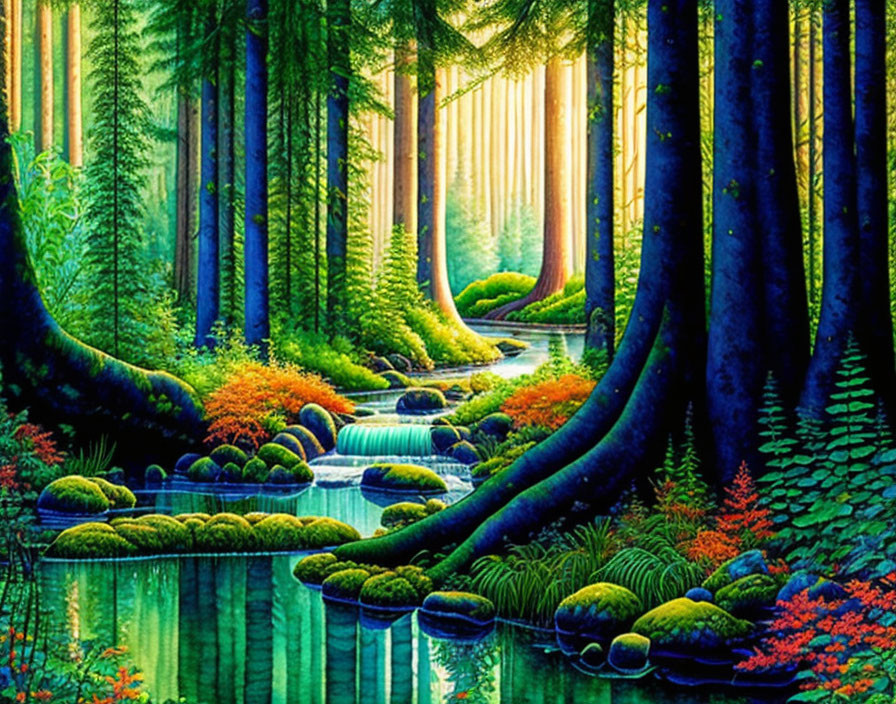 Lush forest with colorful foliage, stream, and sunbeams