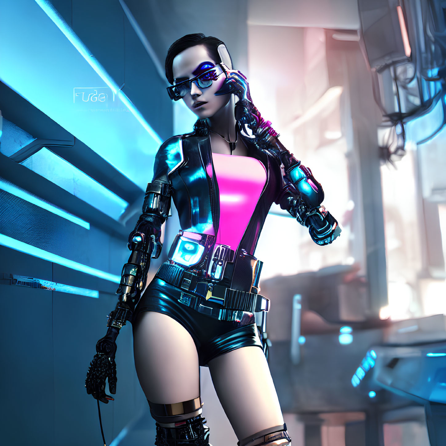 Futuristic cyberpunk woman with high-tech gear and neon glasses