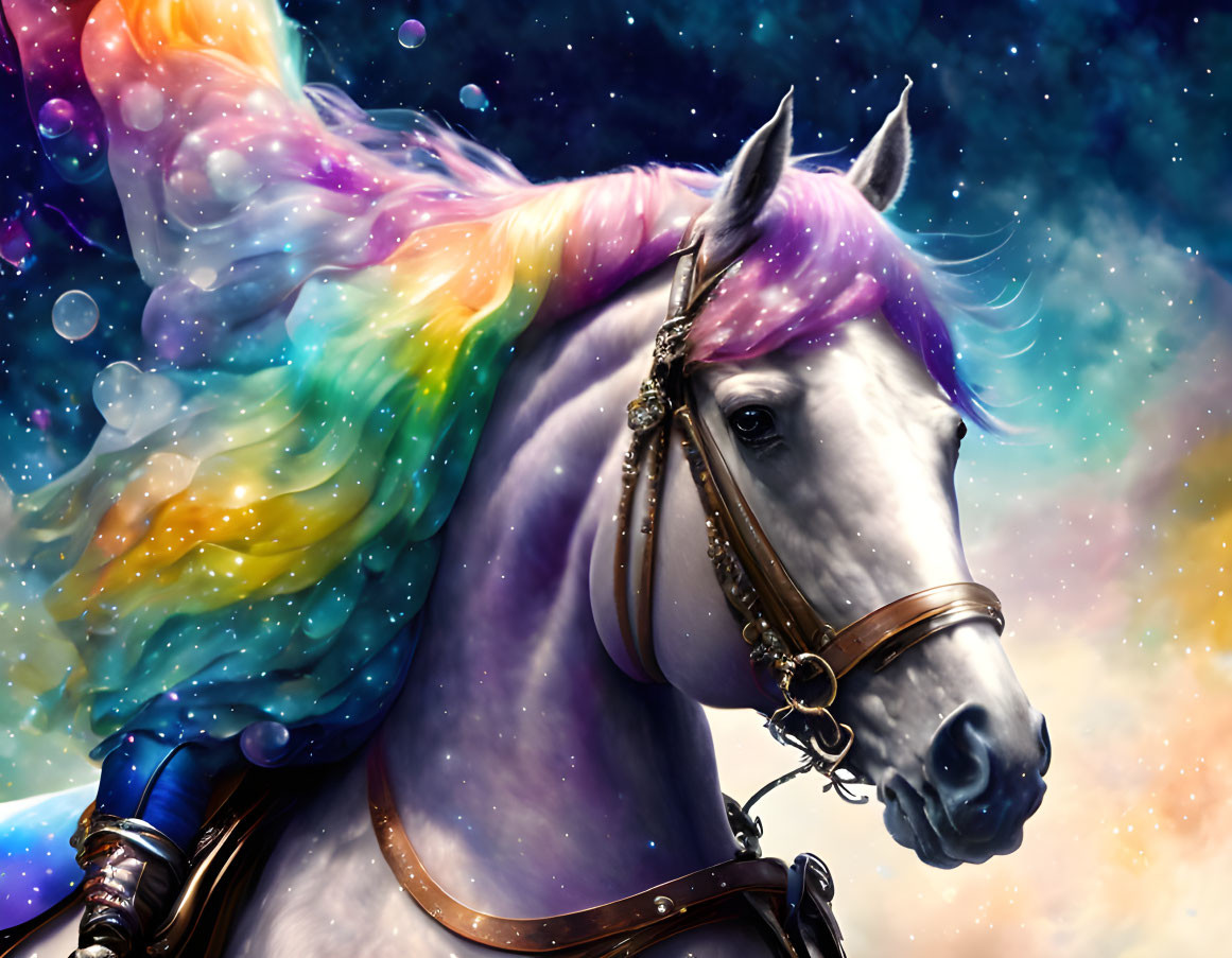 Colorful horse with rainbow mane in cosmic setting with bridle.