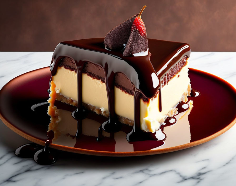 Creamy Cheesecake with Chocolate Glaze on Maroon Plate