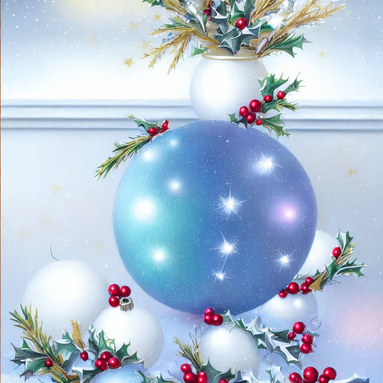 Shiny Christmas baubles with holly, berries, golden stars, and snowflakes