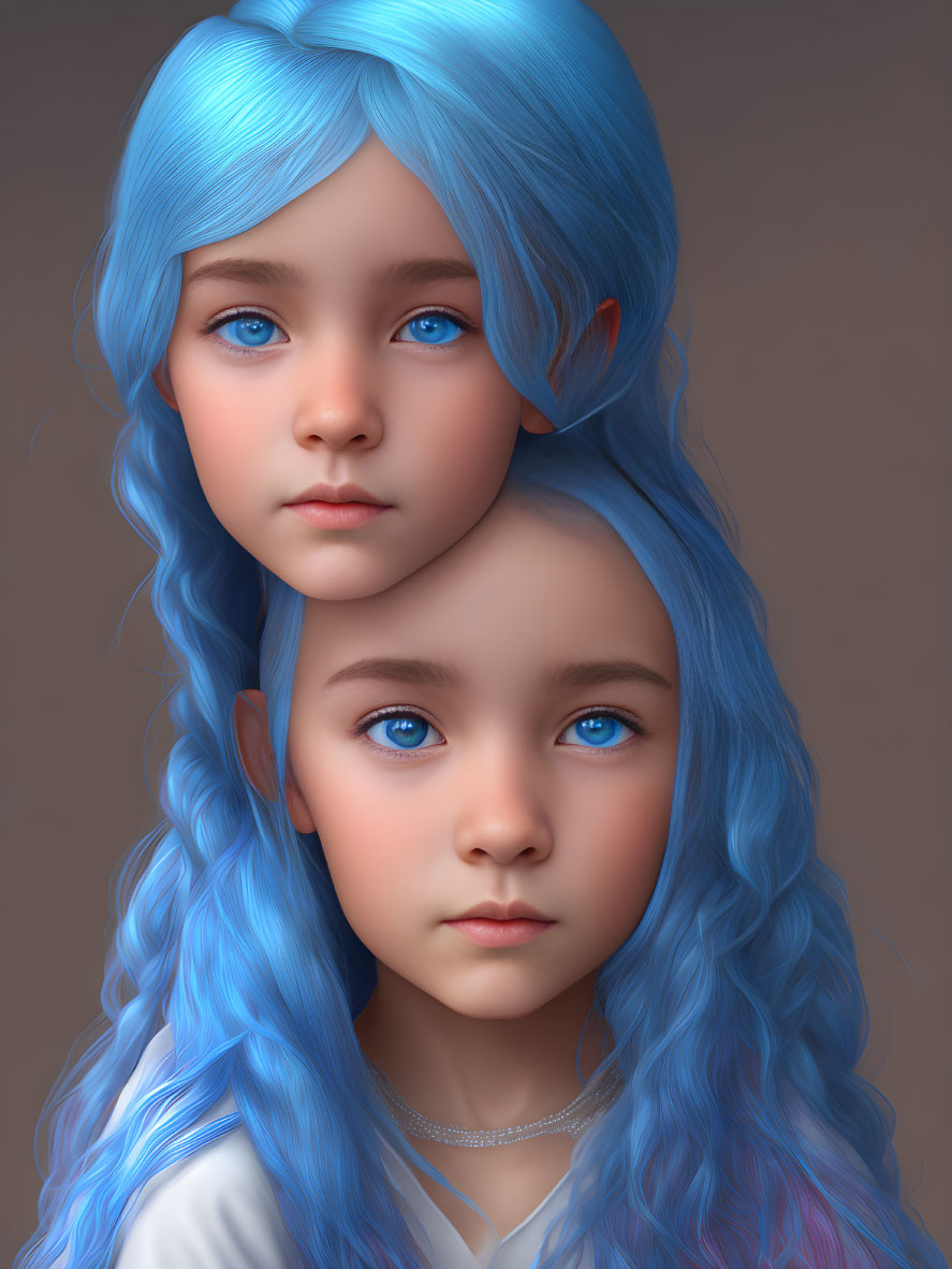 Two girls with blue hair and eyes on brown background - digital art