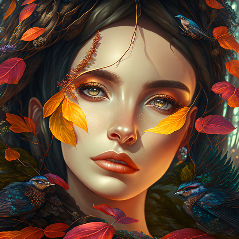 Mystical woman with autumn leaves, feathers, and blue birds.