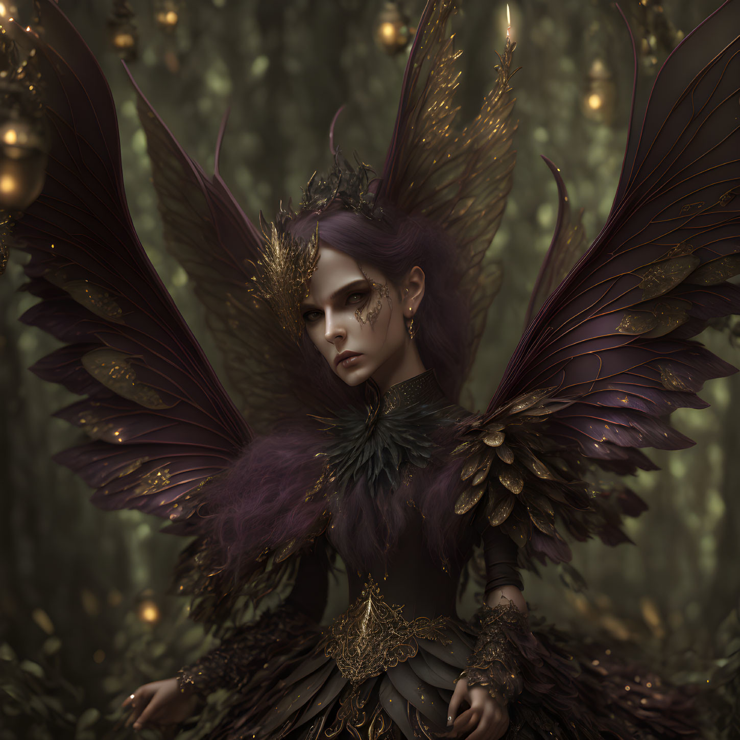 Regal female figure with dark wings in fantasy artwork