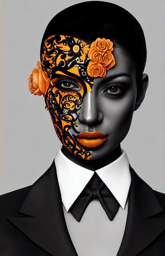 Half-face mask in black and orange patterns with roses, person in black suit and tie