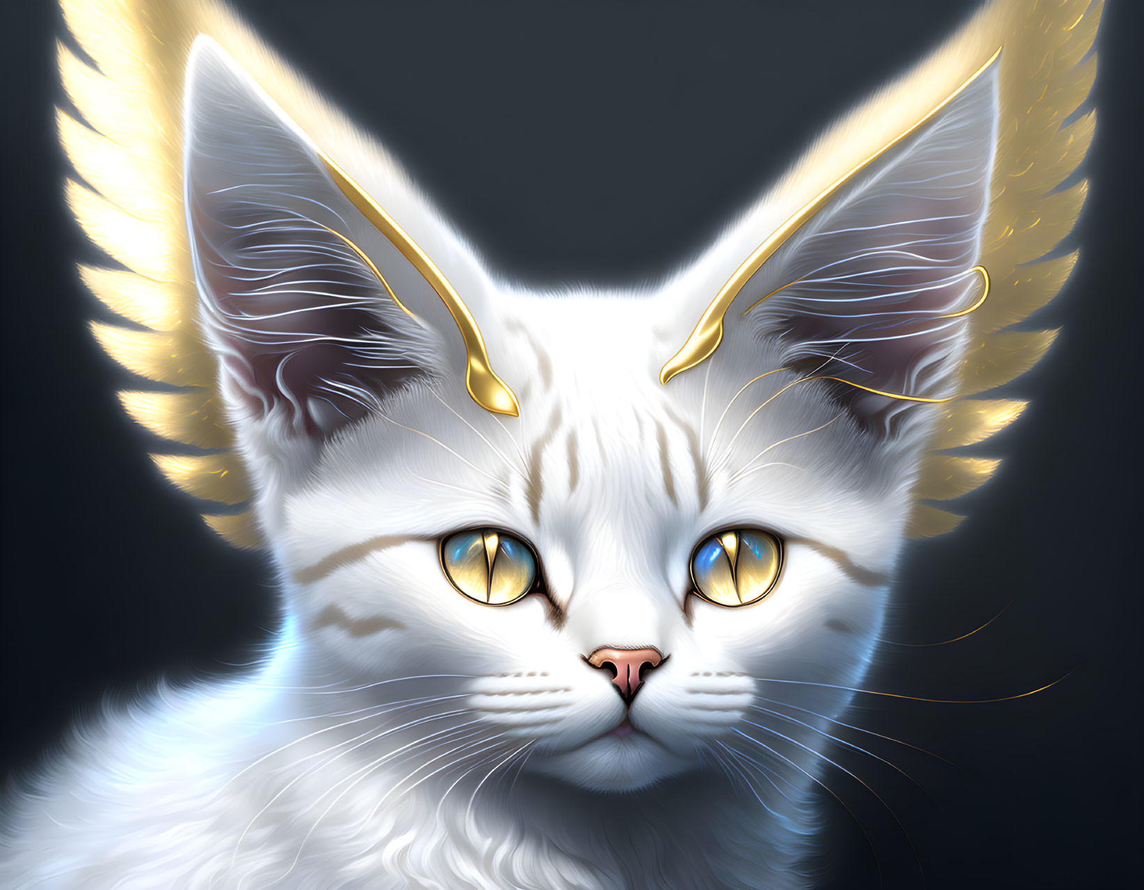 Fantasy white cat with blue eyes, golden wings, and horns on dark background