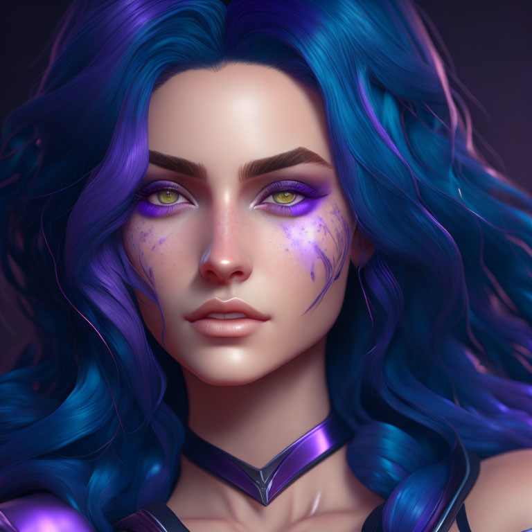 Vibrant blue hair, green eyes, purple makeup, and fantasy armor portrait