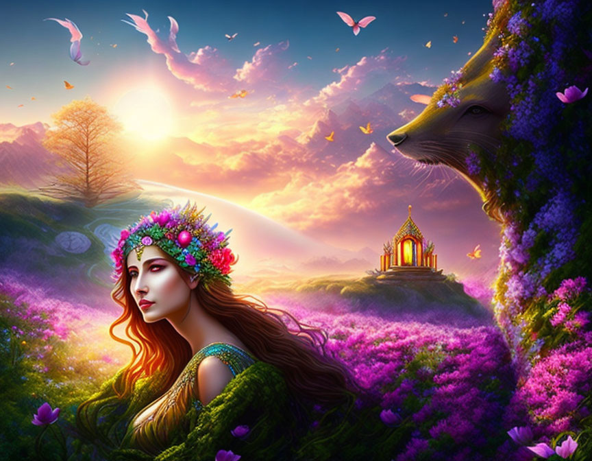 Fantasy scene: Woman with floral crown in vibrant flower field, fox-shaped hill, sunset, flying