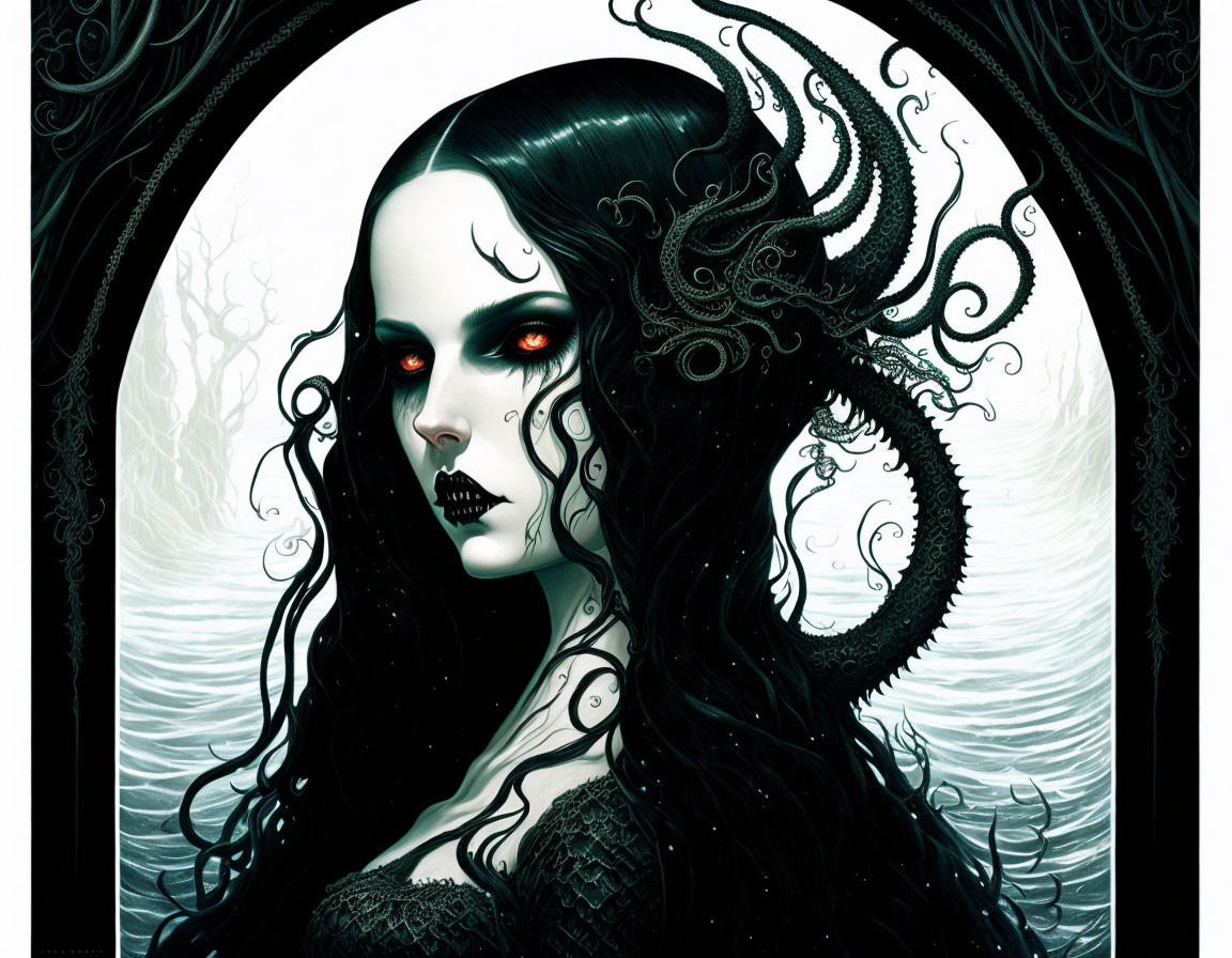 Gothic fantasy art of pale woman with black hair and tentacle-like adornments