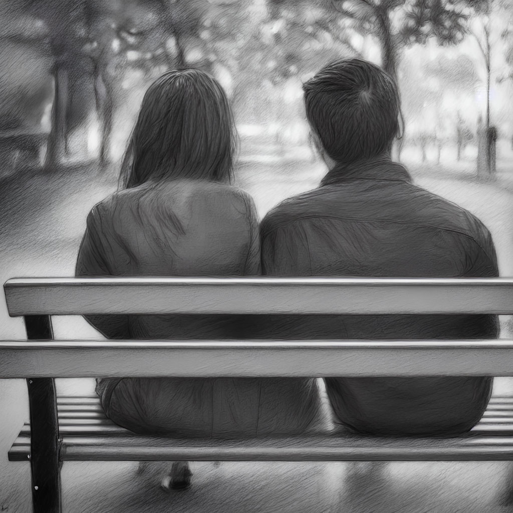 Couple sitting closely on park bench in black and white pencil sketch image