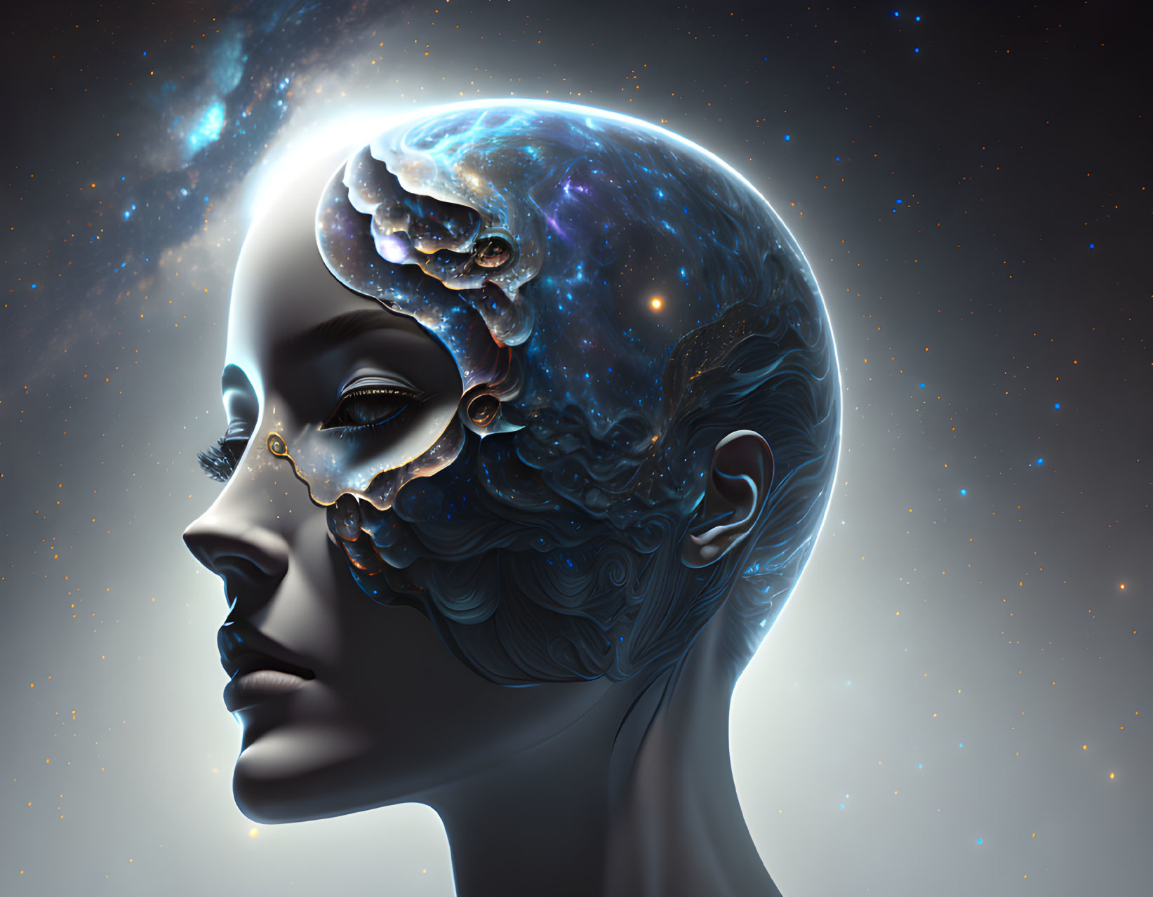 Cosmic-themed digital art of human head profile with galaxies.