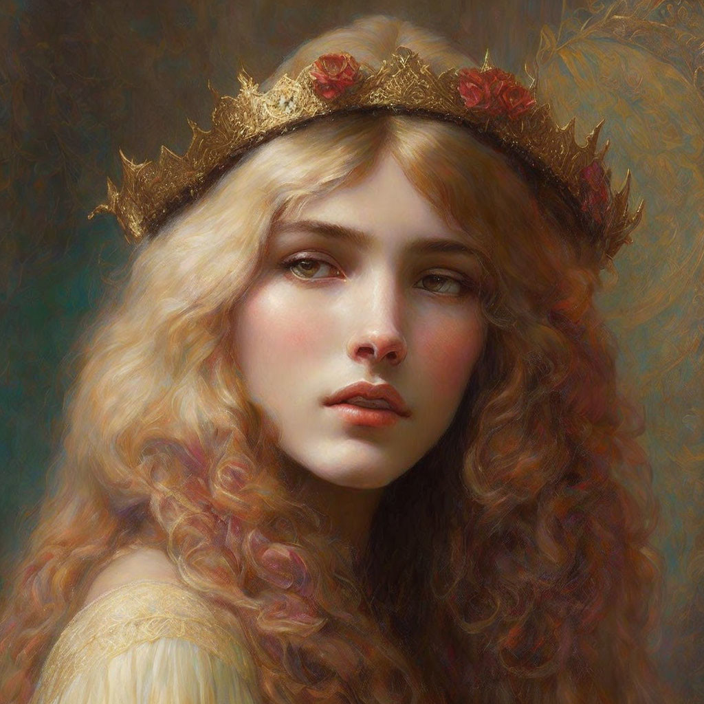 Portrait of young woman with long wavy hair and rose-adorned crown.