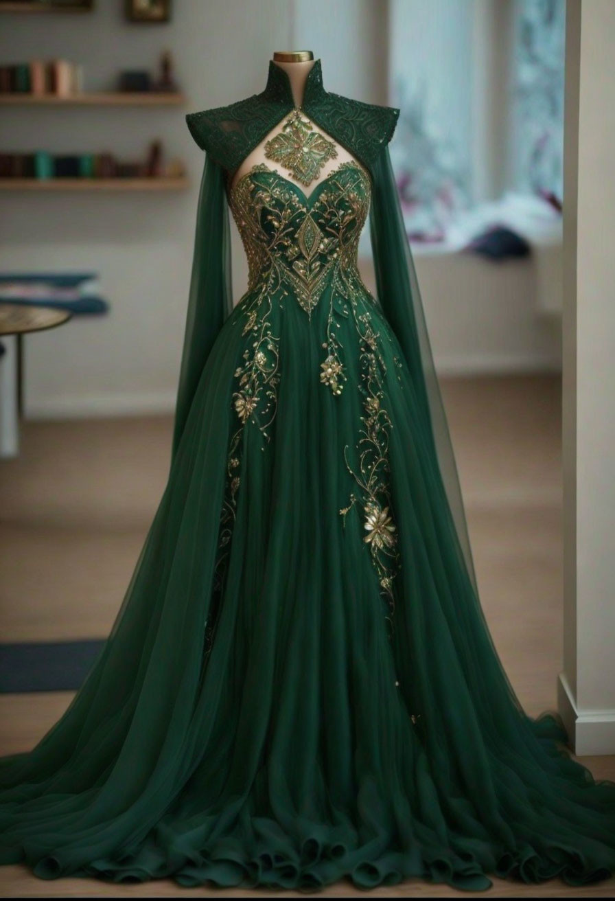 Dark Green Gown with Gold Embroidery and Flowing Cape