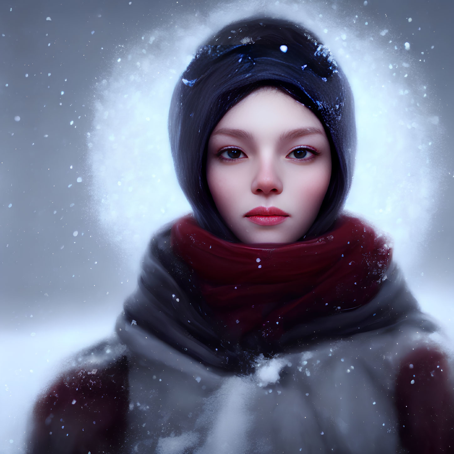 Digital artwork featuring person with pale skin and striking eyes in snow-covered attire.