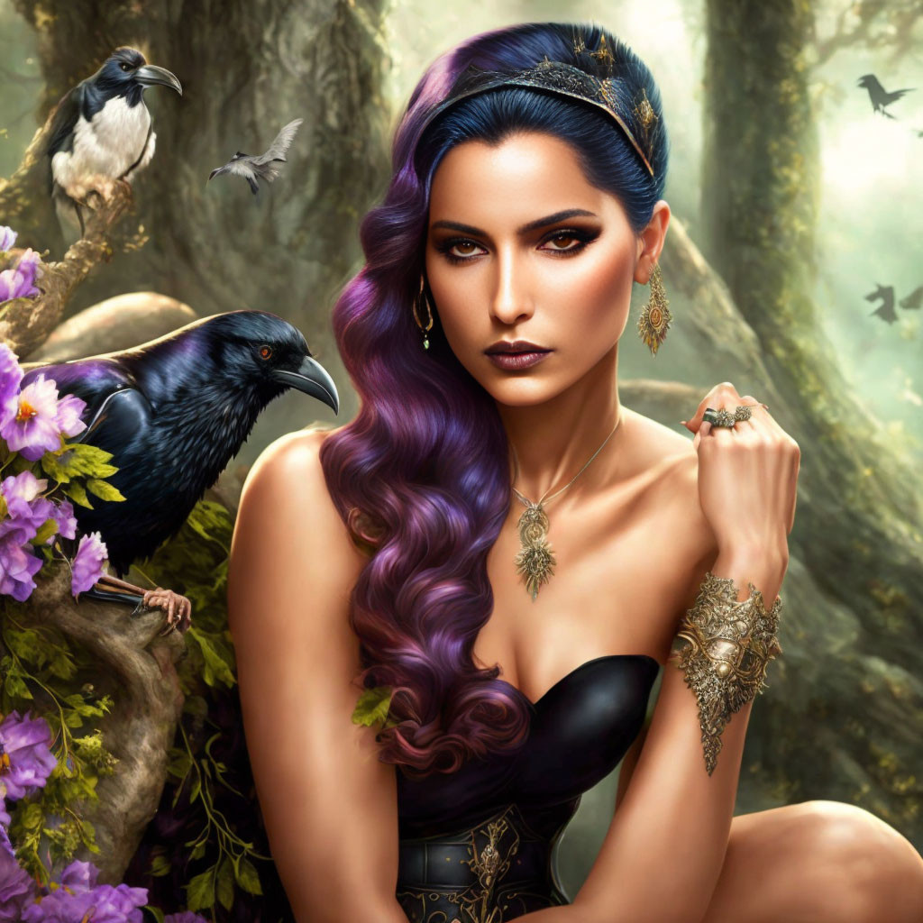 Mystical woman with purple hair and crow in lush nature scene