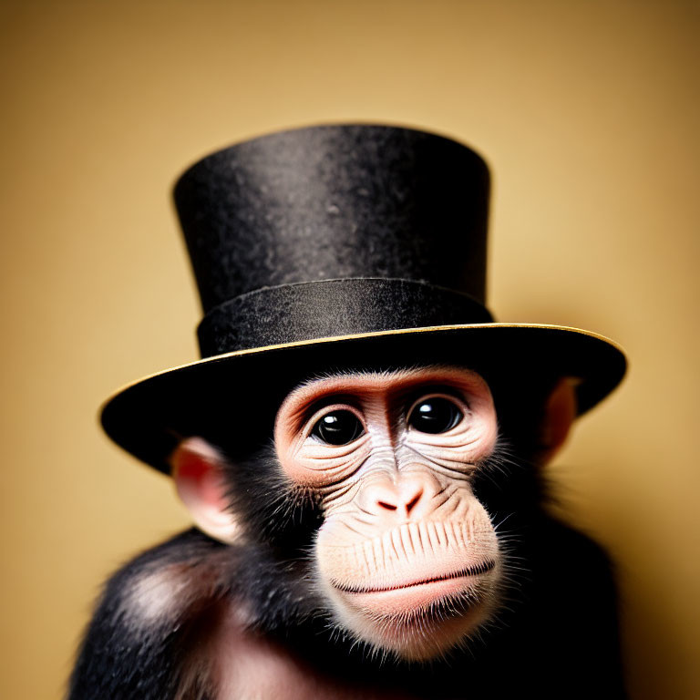 Young Monkey in Black Top Hat on Tan Background