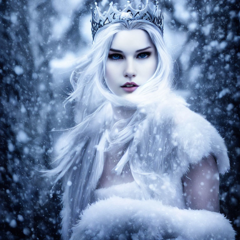 Platinum Blonde Winter Queen with Crown in Snowy Scene