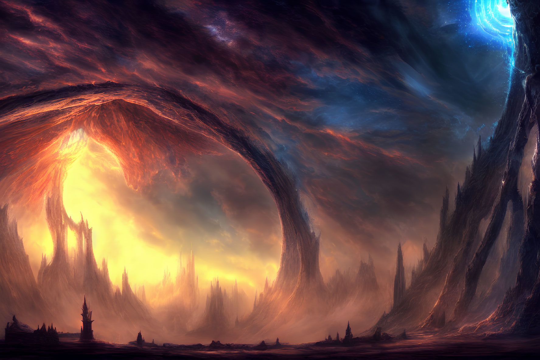 Fantasy landscape with towering spires and cosmic portal in orange sky