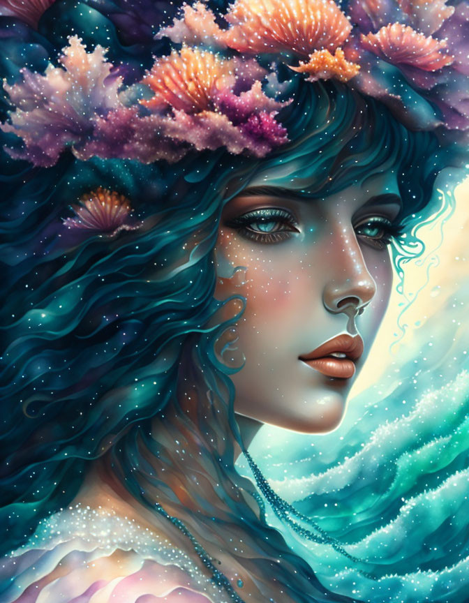 Surreal portrait of woman with blue hair merging underwater seascape and starry sky.