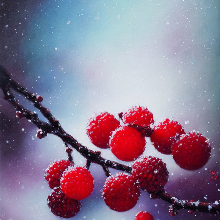 Frost-covered red berries on branch in winter scene