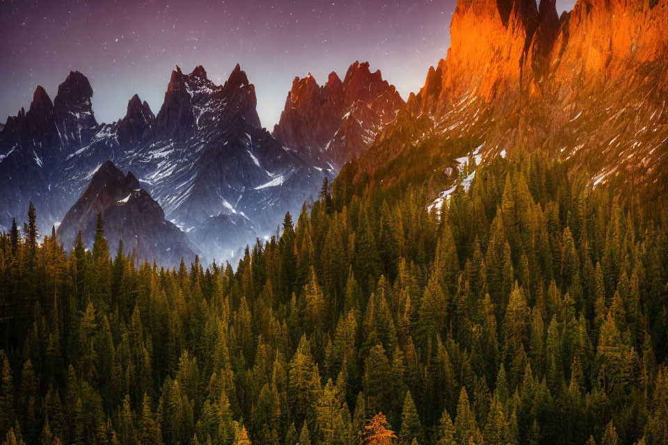 Majestic mountains at dusk with golden sunset glow.