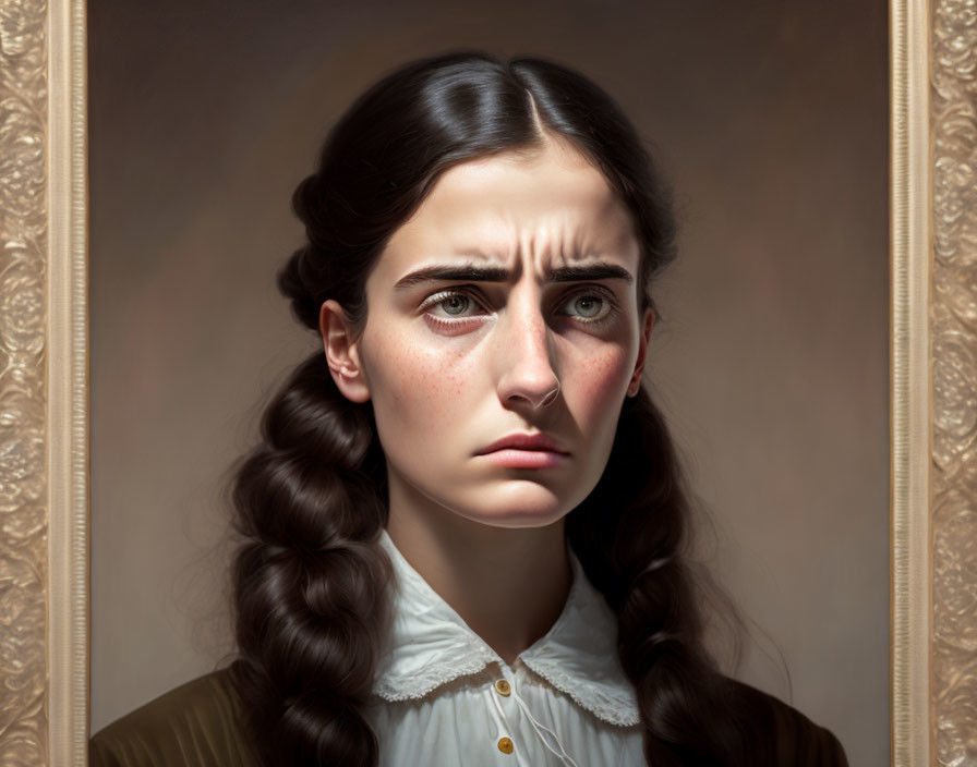 Portrait of somber woman with long braided hair and furrowed brow.