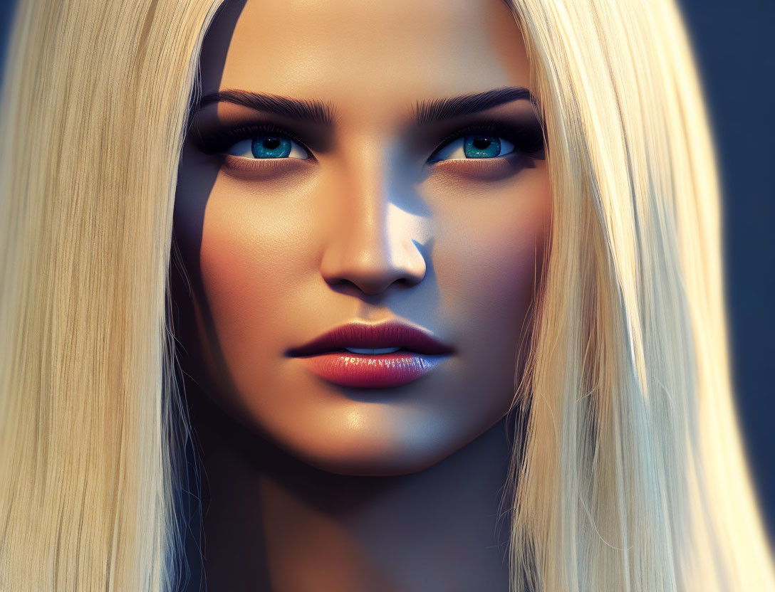 Detailed 3D Rendered Female Face with Blonde Hair and Blue Eyes