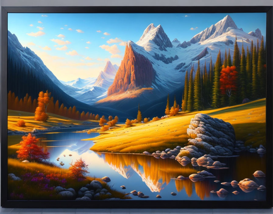 Scenic landscape: reflective lake, golden trees, snow-capped mountains at sunset