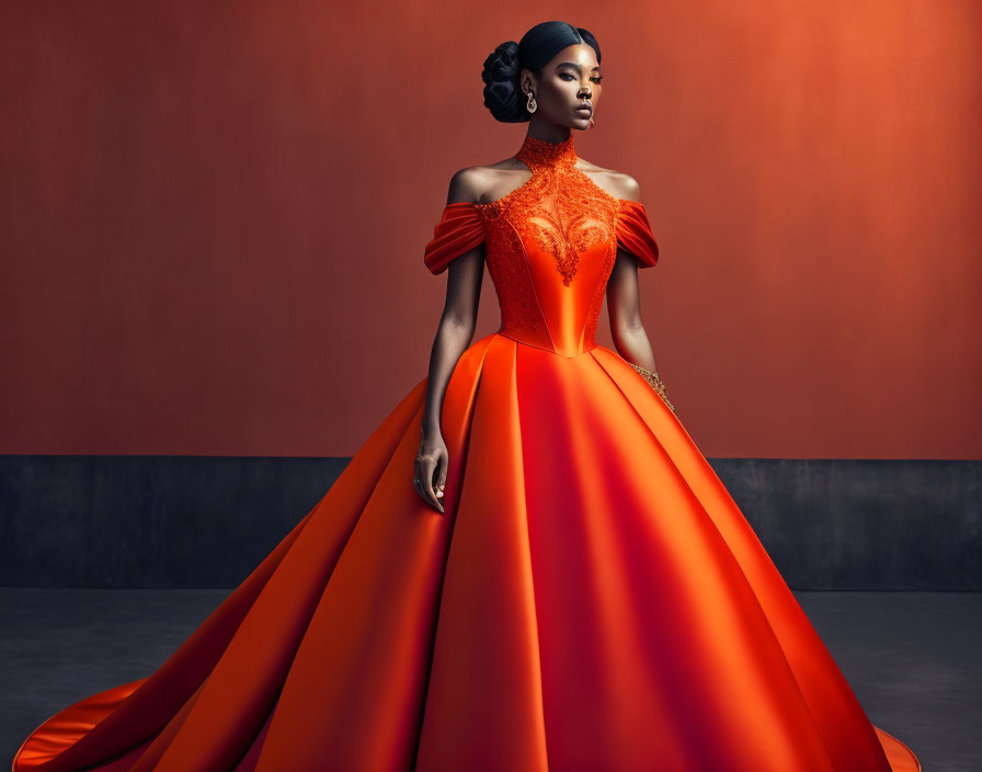 Elegant woman in off-shoulder orange gown on matching backdrop