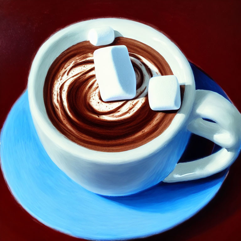 Hot Chocolate with Whipped Cream and Marshmallows on Blue Saucer Against Dark Red Background