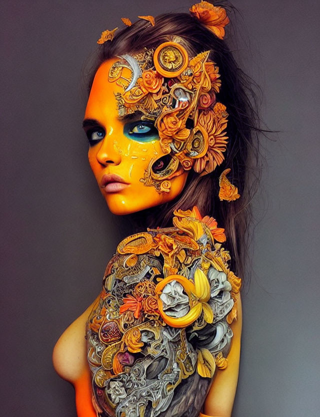 Elaborate Orange and Yellow Floral Face Paint on Person