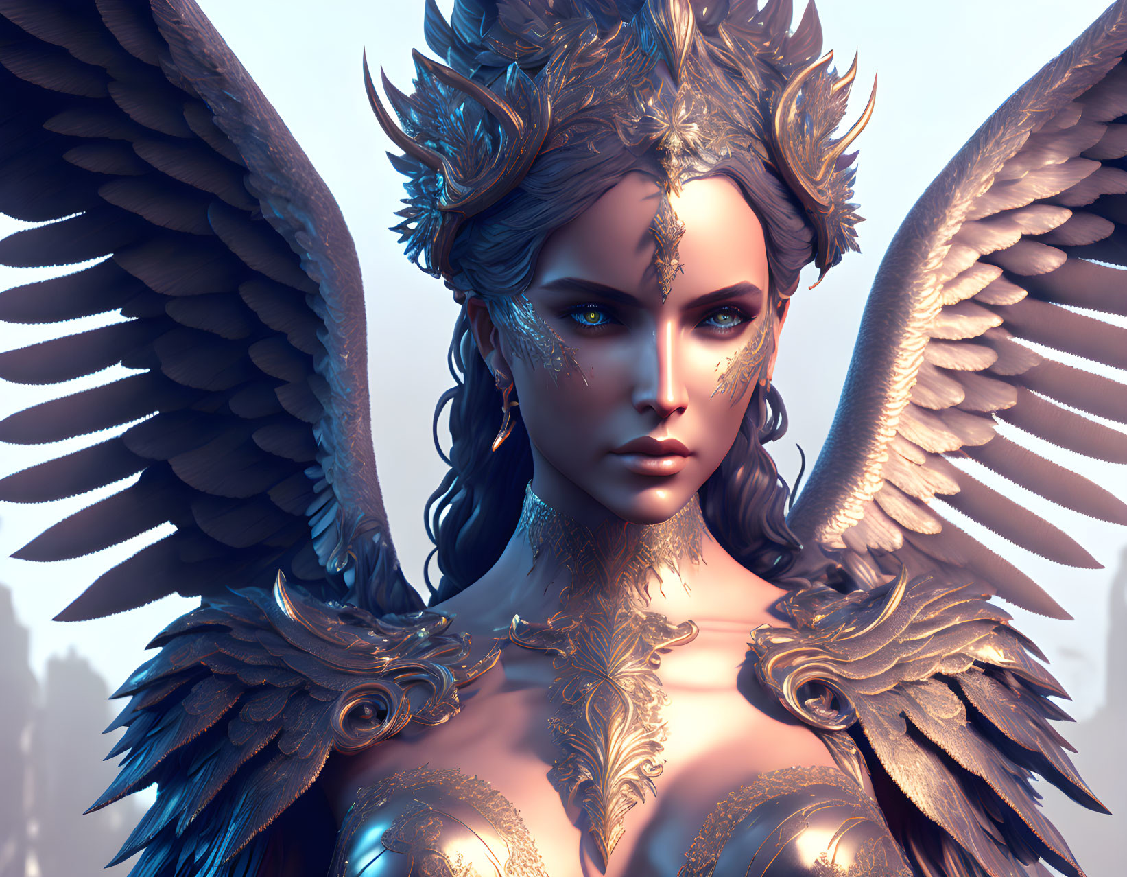 Detailed 3D Rendering of Female Figure with Angelic Wings and Ornate Armor