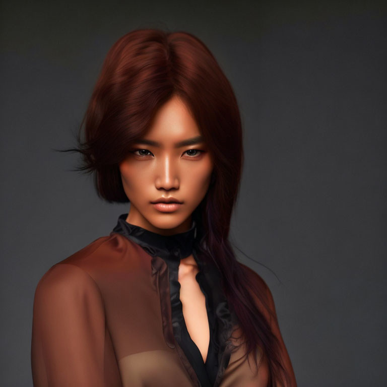 Digital portrait: Person with auburn hair and intense gaze in sheer high-collar top on dark background