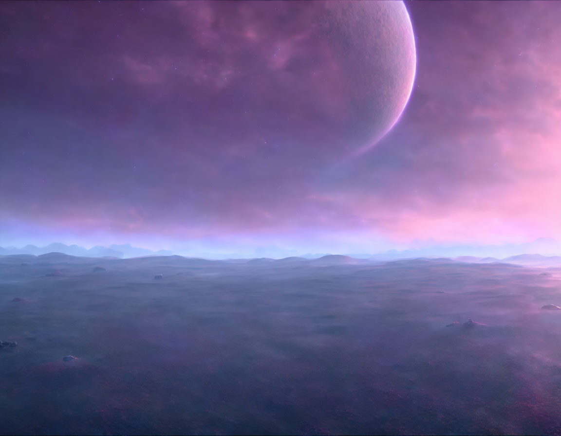 Alien landscape with purple sky and celestial body in soft light