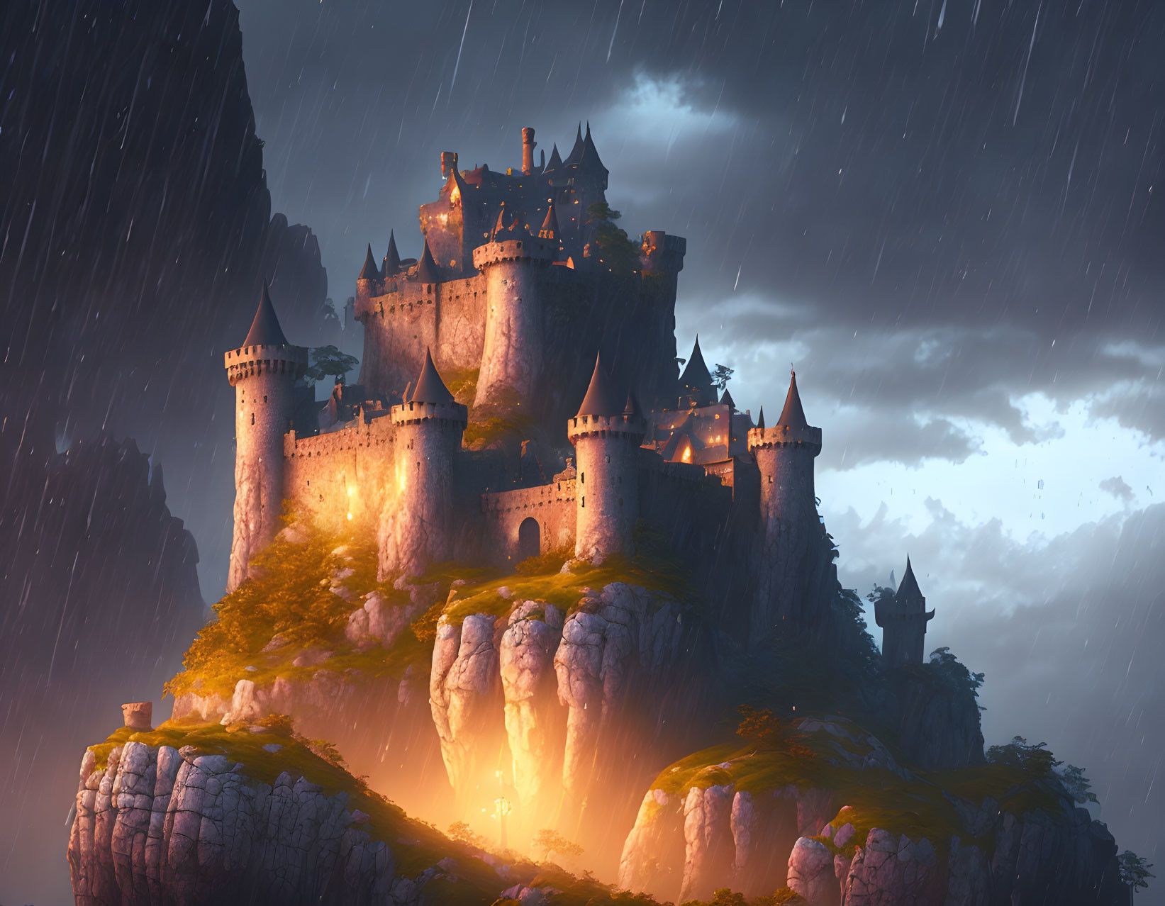 Majestic castle on cliff under stormy sky