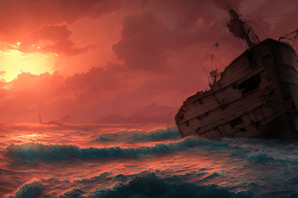 Shipwreck in turbulent sea under dramatic red sky with crashing waves and distant windmills.