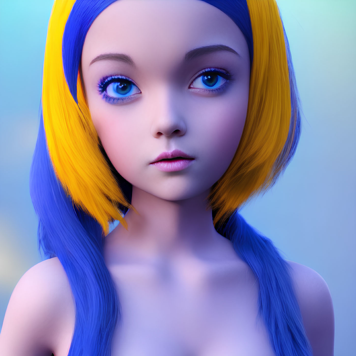 Vibrant blue and yellow hair on 3D female figure with large blue eyes