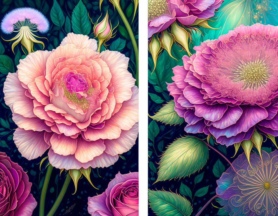 Colorful digital artwork: Detailed pink roses and purple blossoms with intricate leaves on whimsical background