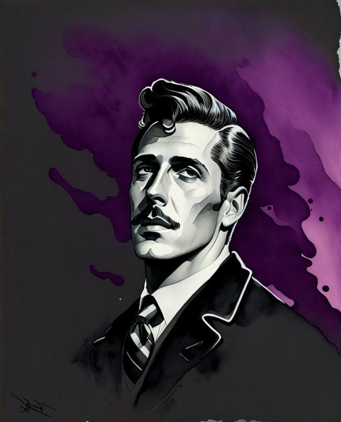 Man in Suit with Classic Hairstyle on Purple Abstract Background