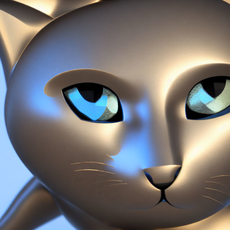 Detailed 3D-rendered metallic cat with blue eyes and whiskers on light background