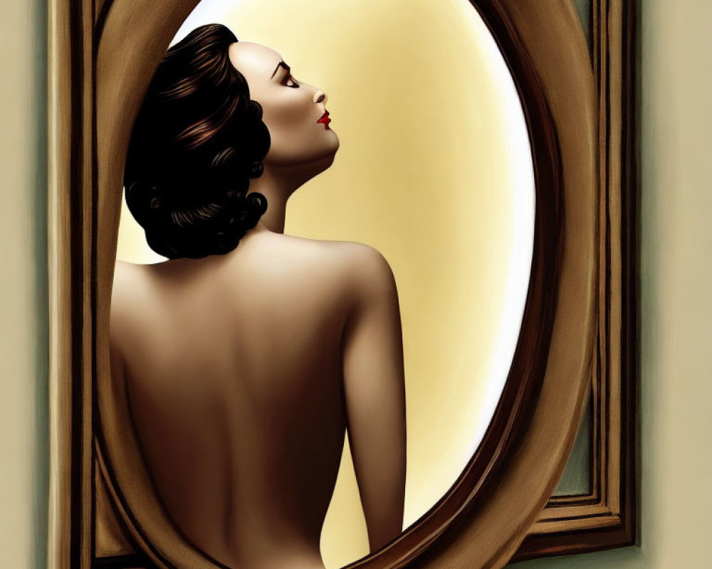 Woman with Classic Makeup and Hairstyle Reflected in Oval Mirror