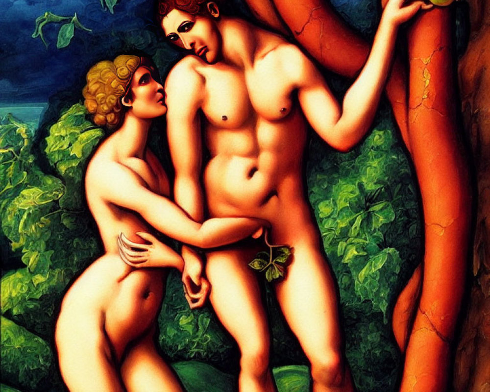 Stylized Adam and Eve depiction with apple and serpent in Garden of Eden