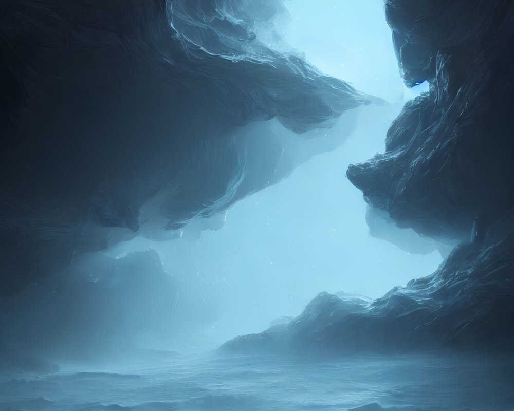 Ethereal blue ice cave with soft light, mist-covered water