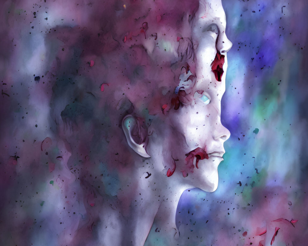 Surreal digital painting of woman's profile in cosmic background